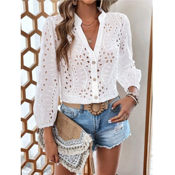 WILA Tops - Boho gypsy button down shirt eyelet lace white